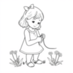 little girl making daisy chain - girl, daisy chain, flowers, nature, activity coloring page