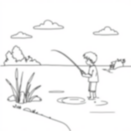 boy fishing by pond - boy, pond, fishing coloring page