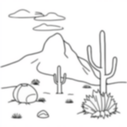 desert - sun, cactus, sand, desert, camel coloring page