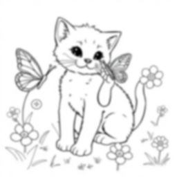 kitten playing with butterfly - kitten, butterfly, playing coloring page