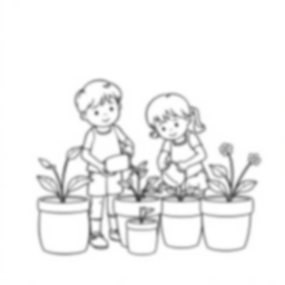 kids watering plants - kids, watering, plants coloring page