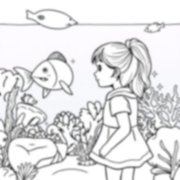 little girl at aquarium - little girl, aquarium coloring page