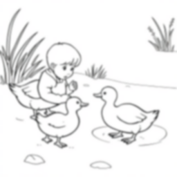 child feeding ducks - child, feeding, ducks coloring page