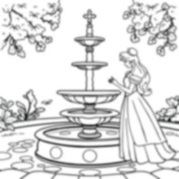 princess at fountain - princess, fountain coloring page