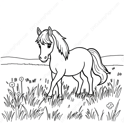 pony in meadow - pony, meadow coloring page