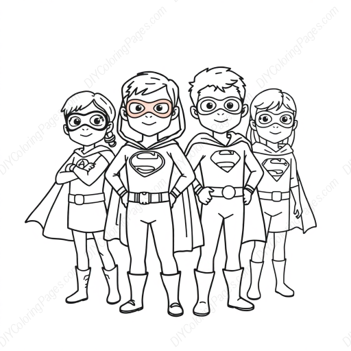 kids dressed as superheroes - kids, superheroes, dressed coloring page