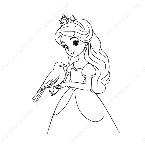 princess with bird - bird, princess coloring page