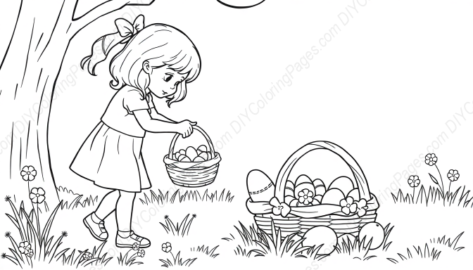 little girl finding easter basket - little girl, finding, easter basket coloring page