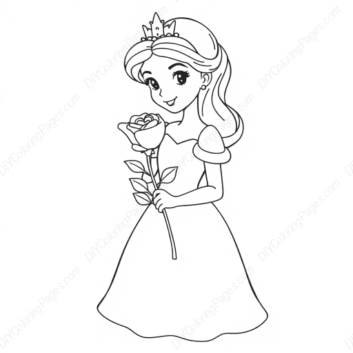 princess holding rose - princess, holding, rose coloring page