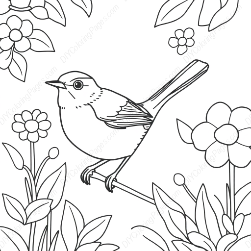 wren in garden - garden, wren coloring page