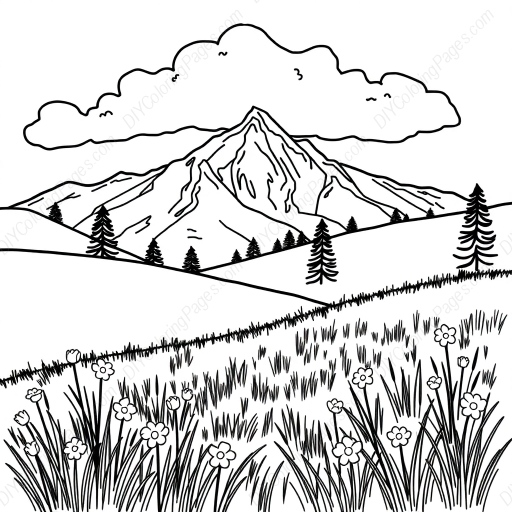 mountain meadow - mountain, meadow coloring page