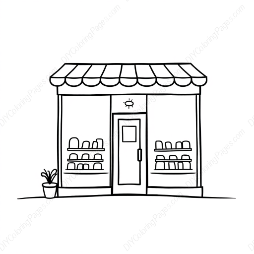 Free Printable storefront - building, storefront, window, door, sign Coloring Page for Kids and Adults - High Quality PDF & PNG Download