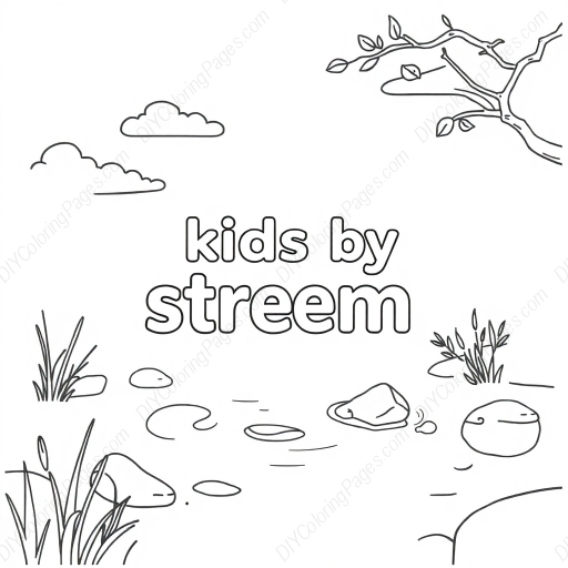 kids by stream - kids, stream coloring page