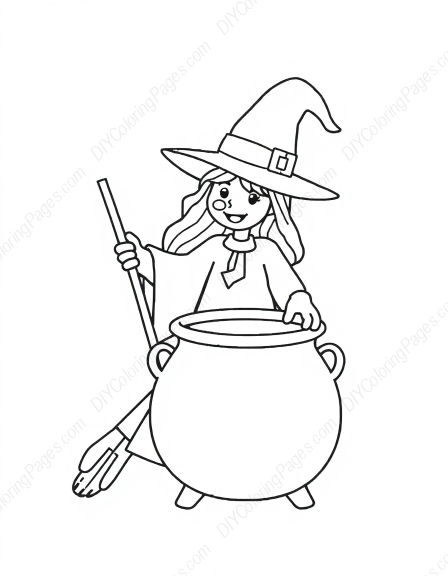 Free Printable witch and cauldron - witch, cauldron Coloring Page for Kids and Adults - High Quality PDF & PNG Download