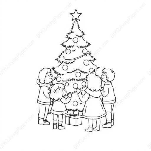 children around christmas tree - christmas tree, children, christmas coloring page