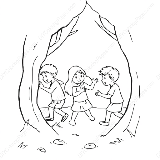 children playing hide and seek - playing, children, hide and seek coloring page