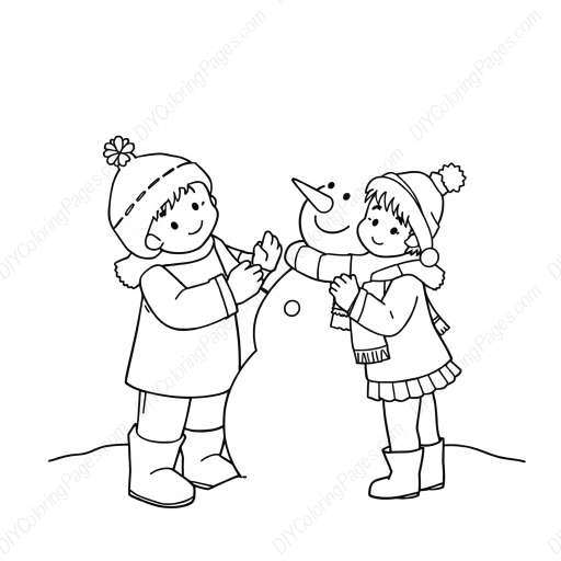 kids building snowman - kids, building, snowman coloring page