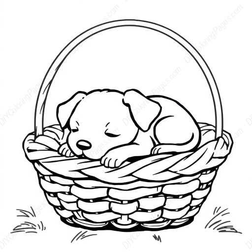 puppy sleeping in basket - puppy, sleeping, basket coloring page