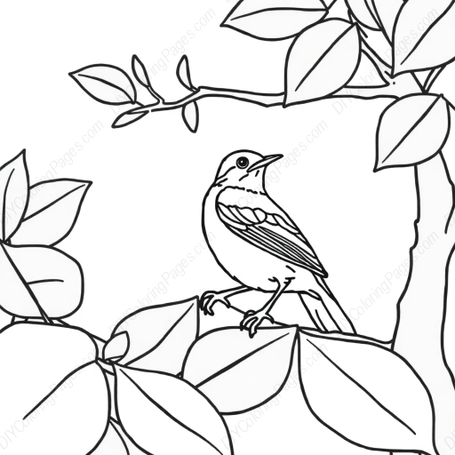 thrush in bush - thrush, bush coloring page