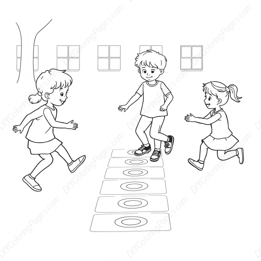 children playing hopscotch - playing, children, hopscotch coloring page