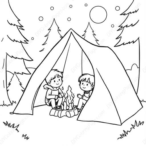 kids camping in tent - kids, camping, tent coloring page