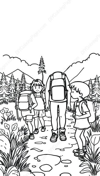kids on hiking trail - kids, hiking trail coloring page