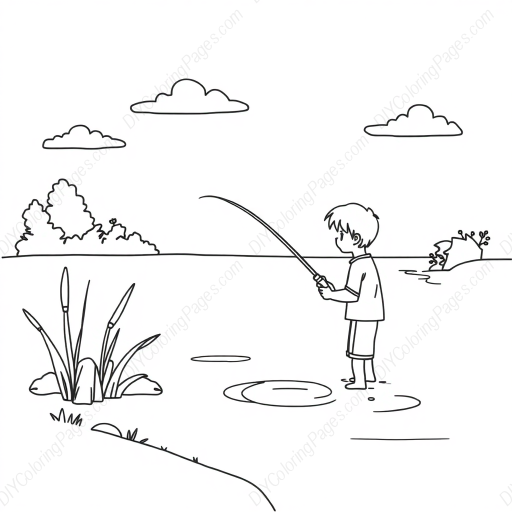 boy fishing by pond - boy, pond, fishing coloring page