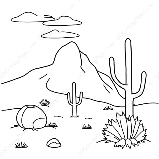 desert - sun, cactus, sand, desert, camel coloring page