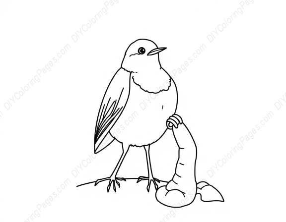 robin with worm - worm, robin coloring page