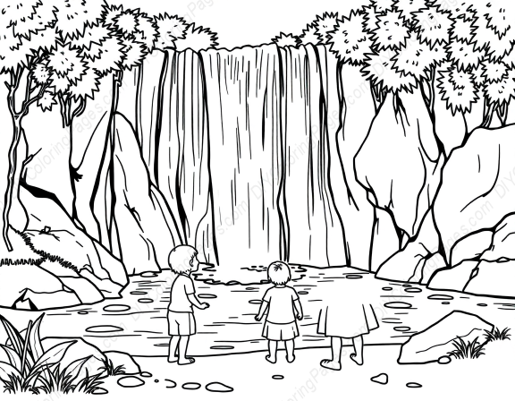 children by waterfall - children, waterfall coloring page