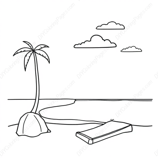 beach - sun, ocean, beach, sand, umbrella, shells coloring page