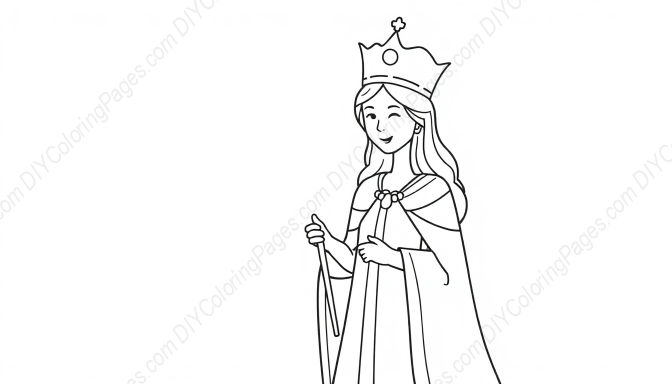 Free Printable queen with scepter - queen, scepter Coloring Page for Kids and Adults - High Quality PDF & PNG Download