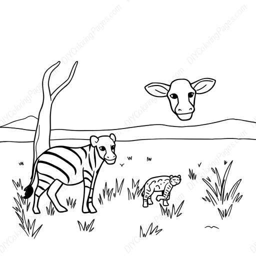 savanna - grasslands, animals, savanna, trees, wildlife coloring page