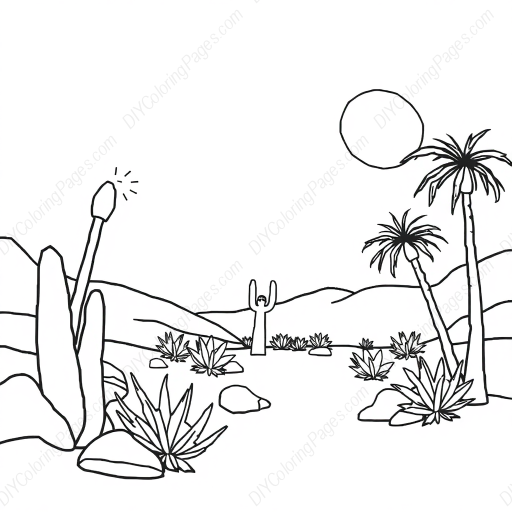 Free Printable desert oasis - desert, oasis Coloring Page for Kids and Adults - High Quality PDF & PNG Download