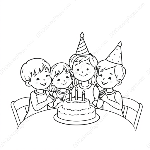 children at birthday party - children, birthday party coloring page