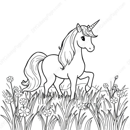 Free Printable unicorn in meadow - unicorn, meadow Coloring Page for Kids and Adults - High Quality PDF & PNG Download