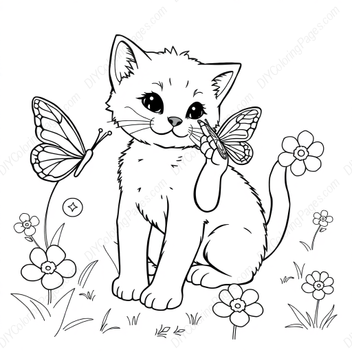 kitten playing with butterfly - kitten, butterfly, playing coloring page