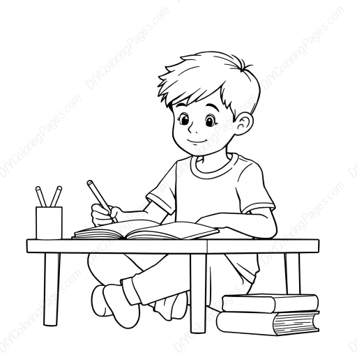boy doing homework - boy, homework coloring page