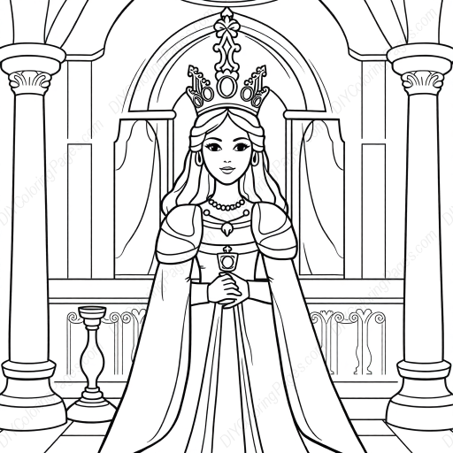 Free Printable queen in palace - queen, palace Coloring Page for Kids and Adults - High Quality PDF & PNG Download