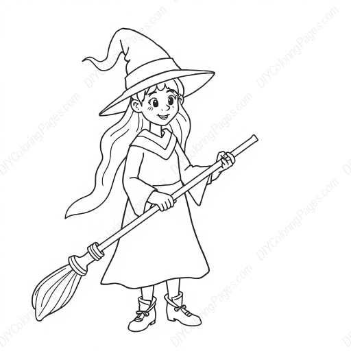 Free Printable witch with broom - witch, broom Coloring Page for Kids and Adults - High Quality PDF & PNG Download