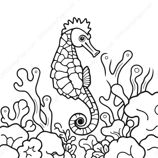 seahorse in coral - seahorse, coral coloring page