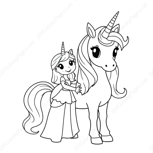 Free Printable unicorn and princess - unicorn, princess Coloring Page for Kids and Adults - High Quality PDF & PNG Download