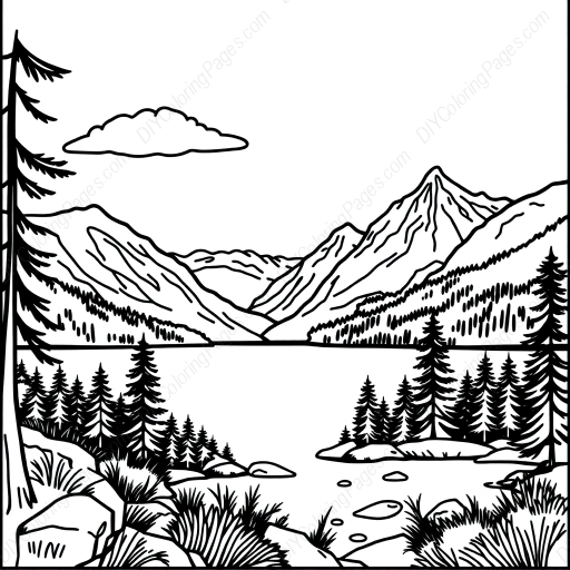 lake with mountains - lake, mountains coloring page