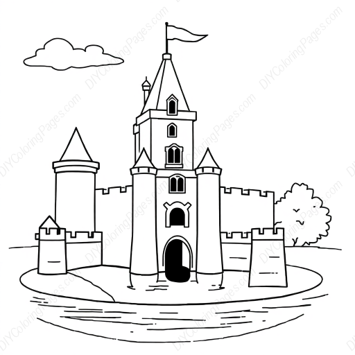 Free Printable castle with moat - castle, moat Coloring Page for Kids and Adults - High Quality PDF & PNG Download
