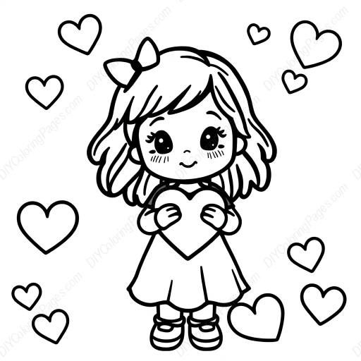 little girl with valentine - valentine, little girl coloring page