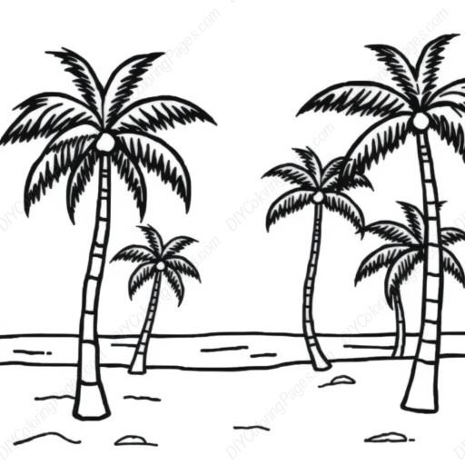 Free Printable beach with palm trees - beach, palm trees Coloring Page for Kids and Adults - High Quality PDF & PNG Download