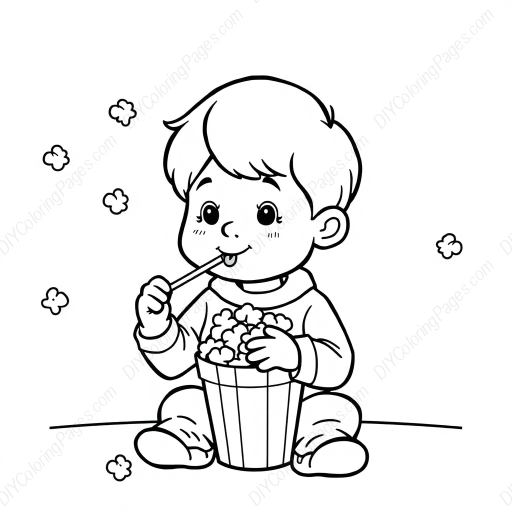 child eating popcorn - eating, child, popcorn coloring page
