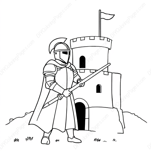 Free Printable knight protecting castle - castle, knight, protecting Coloring Page for Kids and Adults - High Quality PDF & PNG Download