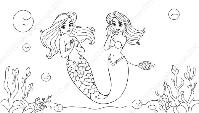 Free Printable mermaid with treasure - mermaid, treasure Coloring Page for Kids and Adults - High Quality PDF & PNG Download