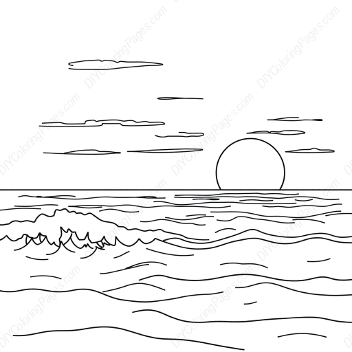 ocean at sunset - ocean, sunset coloring page